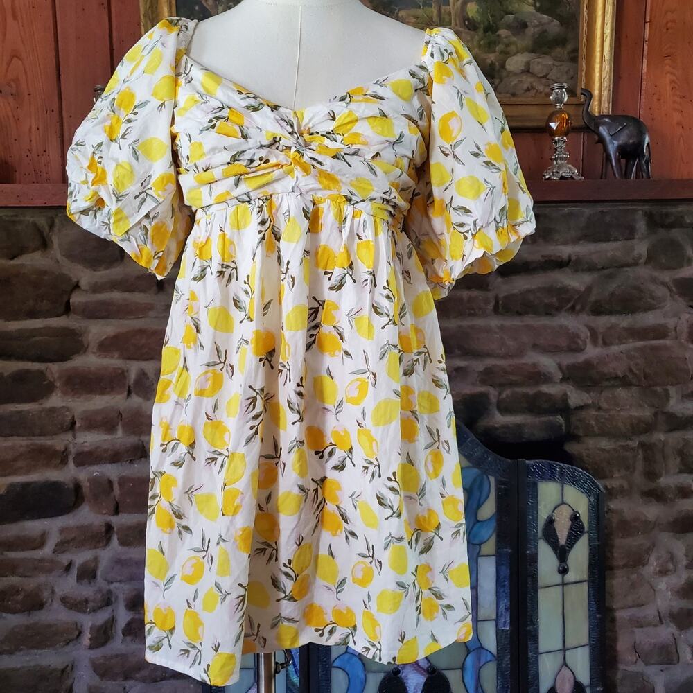 Trixxi Linen Cotton Lemon Floral White Yellow Puff Sleeve Twist Bust JR LARGE
